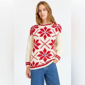 Color Cues Womens Hand Knit Embellished Snowflake Chunky Knit Sweater Size L